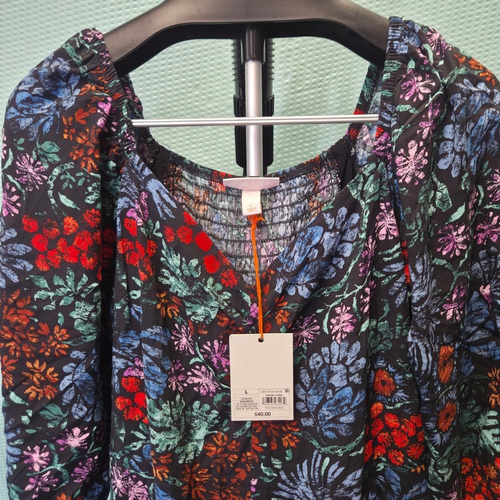 Knox Rose Floral Jumper‎ Womens L Black Rayon Boho Smocked Puff Sleeve NWT